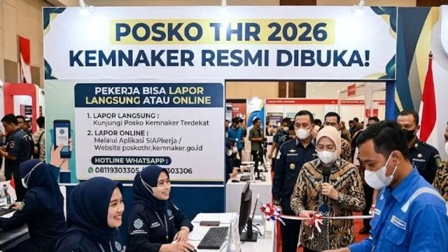 Posko THR Dan BHR Keagamaan 2026 Kemnaker, berlokasi di Pelayanan Terpadu Satu Atap (PTSA) Kemnaker, Gedung B Lantai 1, Jakarta.